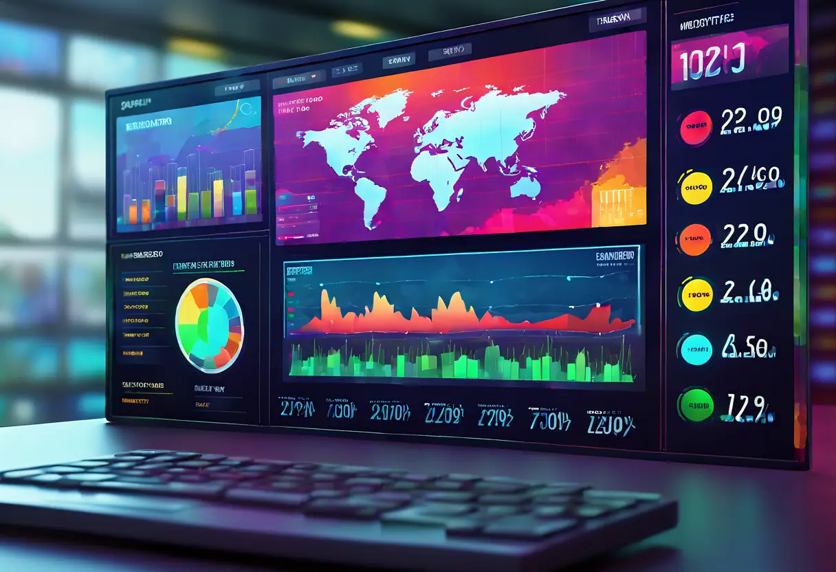 A media monitoring dashboard showing real-time data and colorful graphs.