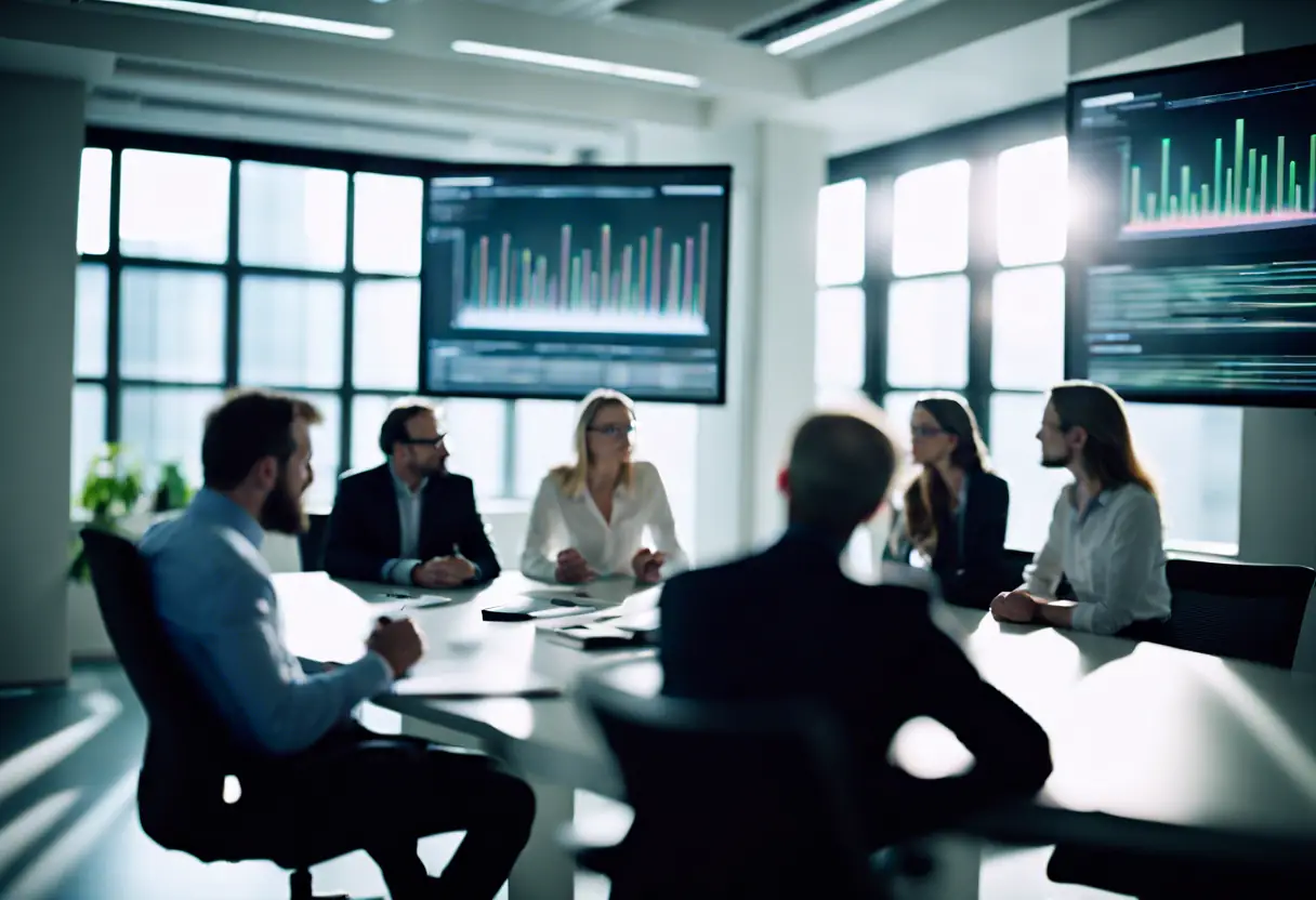 A team of analysts discussing media data in a bright office.
