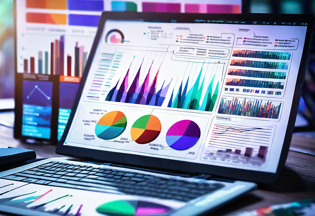 A detailed media analysis report with colorful charts and graphs on a desk.