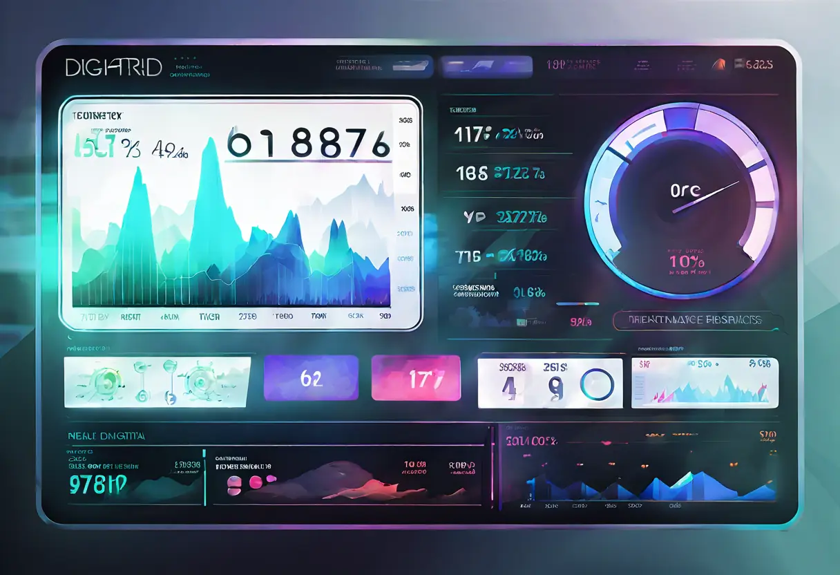 A digital dashboard displaying various media metrics and real-time data.