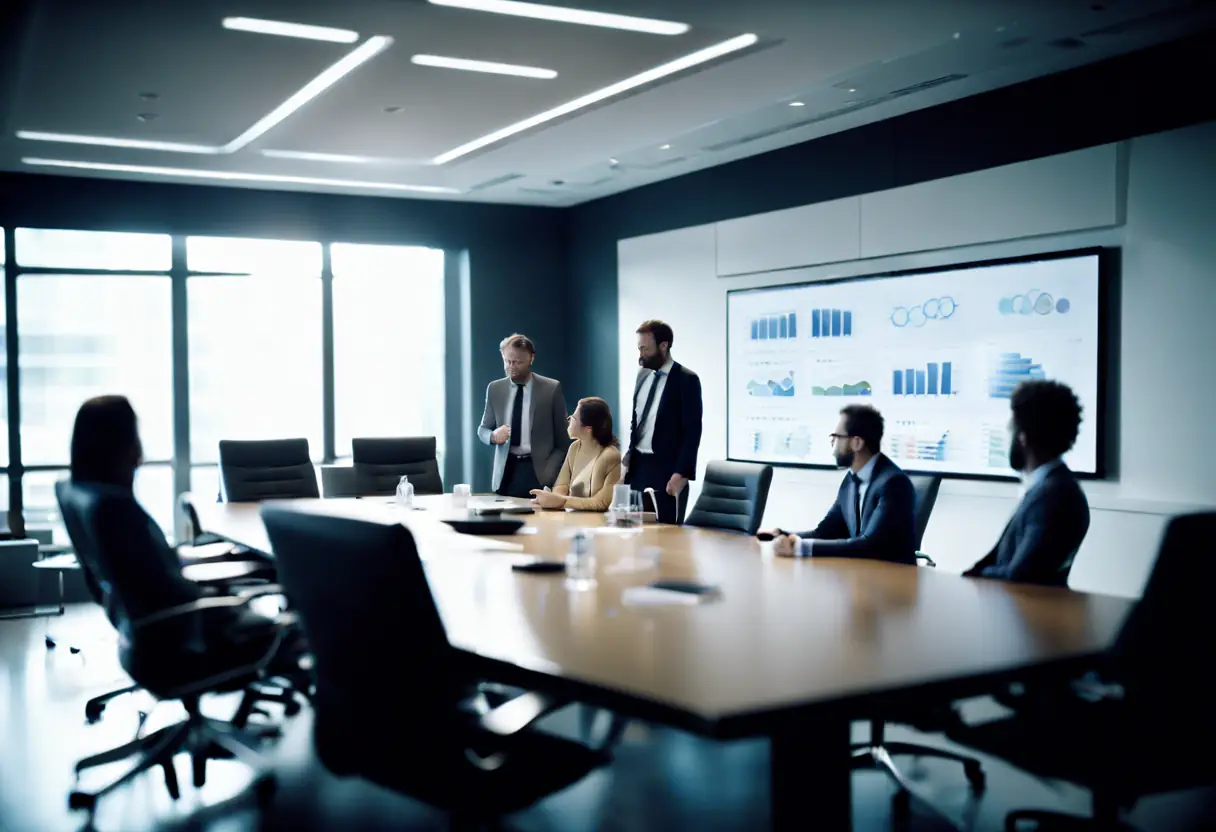 A team meeting in a conference room discussing media strategies.